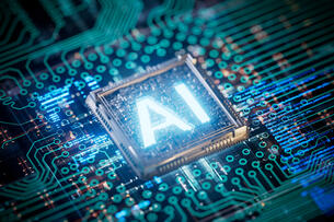 The letters "AI" are lit up on a circuit board.